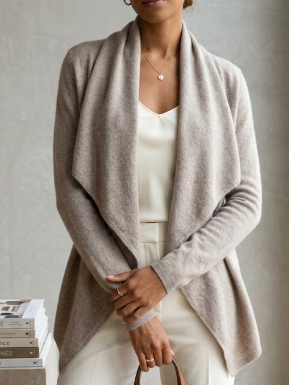 Repeat 100% Cashmere Drape Front Shawl Cardigan Sweater Taupe Oatmeal Size M